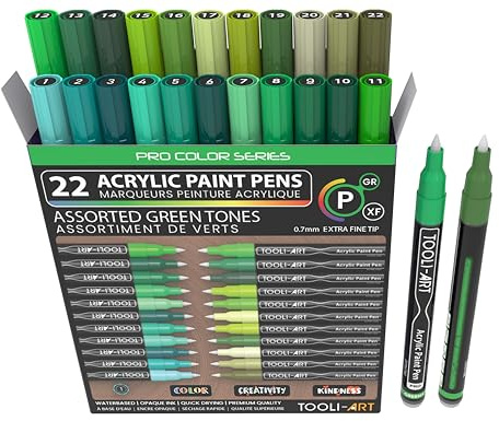 Acrylic Paint Pens 22 Green Tones Assorted Pro Colour Series Markers Set 0.7mm Extra Fine Tip for Rock Painting, Glass, Mugs, Wood, Metal, Canvas, Projects, Non Toxic, Waterbased, Quick Drying
