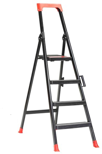 Escalera Plegable 4 peldaños para el Hogar, Escalera de Tijera Negra y Roja Domestica, Antideslizante y Fácil de Transportar
