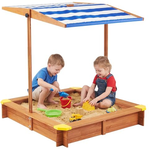 Caja de arena para niños con cubierta, 46 x 46 pulgadas, arenero de madera para exteriores con toldo ajustable para jugar en el patio trasero