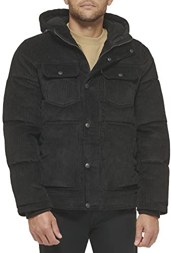 Levi's Men's Heavyweight Mid-Length Hooded Military Puffer Jacket Down Alternative Coat, Black Corduroy, M
