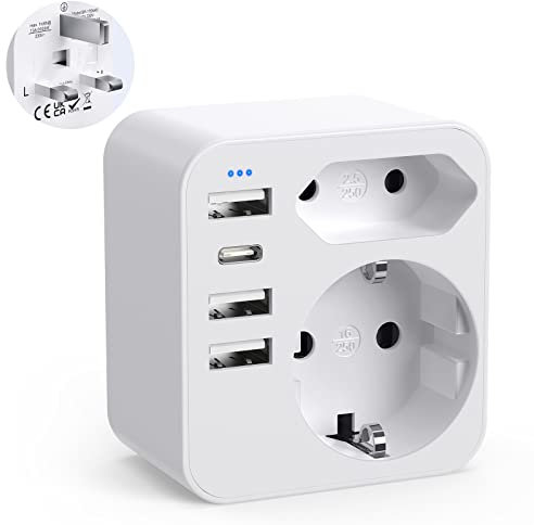 Adapter England Deutschland Stecker, Reiseadapter UK mit 3 USB 1 USB C(3.4A), Reisestecker Stromadapter Steckdosenadapter Typ G für England Großbritannien Irland Dubai, Malediven