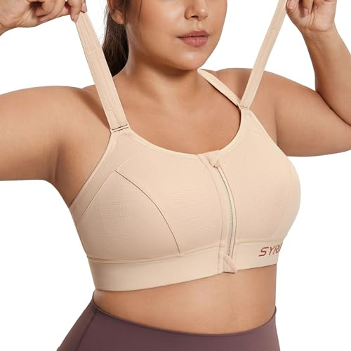 SYROKAN Soutien Gorge Femme Sport sans Armature Grande Taille Maintien Extreme à Impact Élevé Zipper Avant Bretelles Réglables Beige 105D