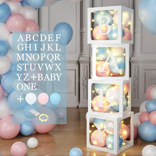 Decorazioni per Baby Shower, Scatole per Palloncini con 4 Luci a Corda, 45 Palloncini Rosa, Blu, Bianchi e 33 Lettere (UNO + BAMBINO + A-Z), Scatole per Bambini per Ragazzi e Ragazze, Baby Shower