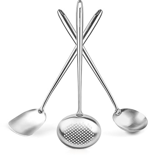 YOSUKATA Wok Schöpflöffel Schaumlöffel und Pfannenwender Edelstah 43 cm- Küchenhelfer Set Edelstahl 304- Schaumkelle - Spachtel Küche - Suppenkelle Edelstahl - Spülmaschinenfester Wok-Zubehör