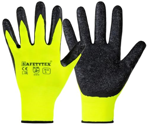 Safetytex 12 Paar Arbeitshandschuhe - Montagehandschuhe mit Latex Beschichtung - neongelbe Handschuhe - Schutzhandschuhe für Haus, Garten, Industrie und Handwerk - Größe 9