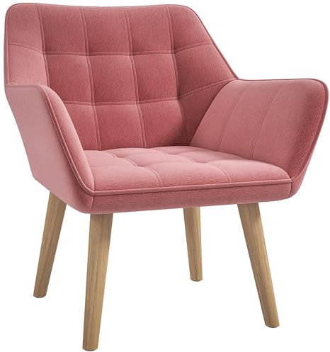 HOMCOM Armchair Accent Chair, Vanity Chair with Wide Arms, Slanted Back, Padding, Metal Frame, Wooden Legs, Home Bedroom Furniture Seating, Pink
