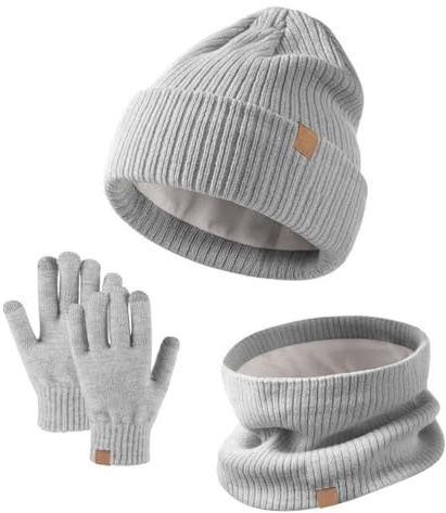 MUNSKT 3 PCS Kids Winter Hat Scarf Gloves Set Warm Thermal Knitted Beanie Cap Snood Neck Warmer Touchscreen Mitten Soft Fleece Lining Elastic for Children Aged 5-12 Outdoor Sports (Grey)