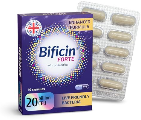 Bificin Forte - Probiotics and Prebiotics for Gut Health - 20 Billion CFU -10 Live Bacterial Cultures: Lactobacillus Acidophilus, Lactis, Rhamnosus & Bifidobacterium Longum, Breve, Bifidum-10 Capsules
