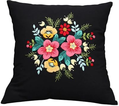 Embroidery Kit Pillowcase DIY Kit Cushion Cover Pillow Cover Embroidery Kit, Car Cushion DIY Hand Embroidery Pillow Case Kit Stitch Set with Flower Patterns and Embroidery Hoop Sewing Craft - Black