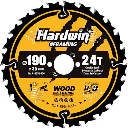 Hardwin Lame Scie Circulaire 190x30mm (24 Dents), pour Bois, Panneaux de Particules, Contreplaqué, Bois Dur, etc. Compatible avec Dewalt, Makita, Bosch