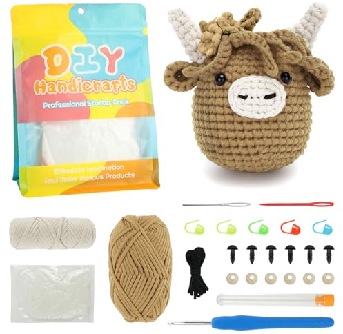AUAUY Virkade kit för nybörjare, Highland Cow virkade gåvor för nybörjare och älskare, stickningssatser för vuxna och barn, virkningsset med handledning