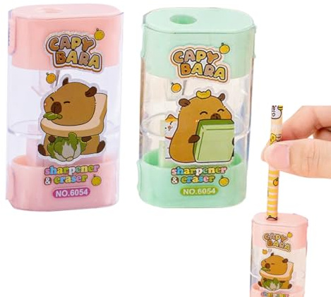 Juego de 2 sacapuntas con deposito, sacapuntas con forma de animalito, colores aleatorios, sacapuntas con diseño de capibara, con espacio de almacenamiento.