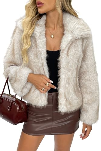 ELLEVEN Faux Fur Jacket Coat Women Winter Fluffy Warm Cropped Overcoat Furry Fuzzy Plush Shaggy Cardigan Casual Sexy Fashion Lapel Collar Long Sleeve Hidden Hooks Pockets Khaki & White Large