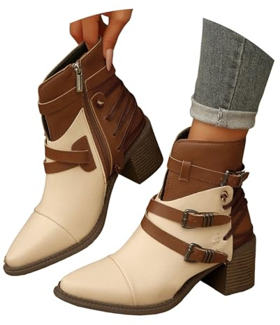VBEDKDEB Stivali da donna Mid calf, stivali da donna con tacco a blocco, punta appuntita e gambale corto, chiusura lampo laterale, stivali in pelle con altezza media polpaccio, stivali di gomma larghi