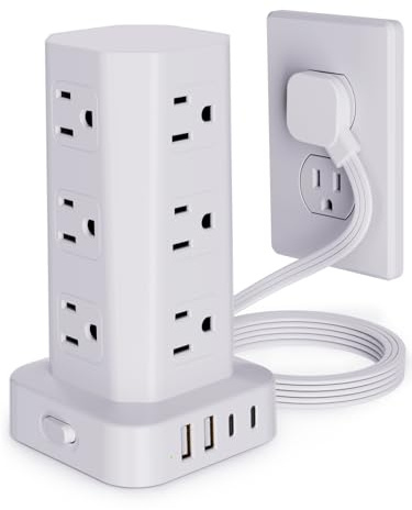 Power Strip Tower Surge Protector, 6FT Flat Plug Extension Cord with Multiple Outlets, 12 AC Outlets 4 USB (2 USB C), Desktop Charging Station with Surge Protection for Home Office Dorm Room, White