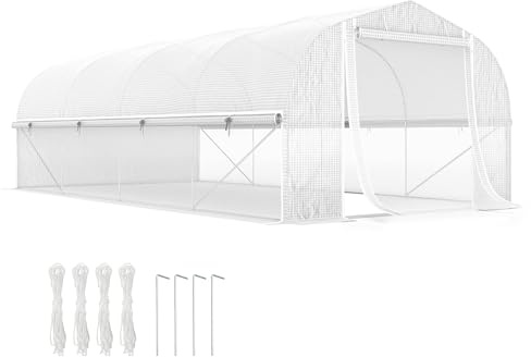Outsunny Invernadero de Exterior 6x3x2 m con 8 Ventanas y Cubierta de PE Anti-UV Invernadero de Túnel Puerta Enrollable con Cremallera y Laterales de Malla Blanco