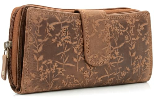 ekavale Damen Portemonnaie XL aus Echtleder mit RFID-Schutz | Große Geldbörse & Geldbeutel mit Blumenmotiv | Elegante Brieftasche für Alltag & Reise (Braun)