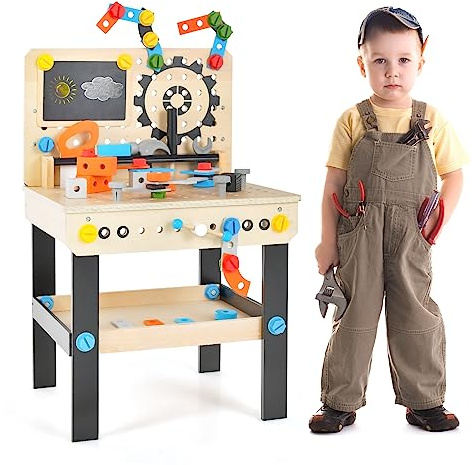 HOMASIS Banco degli Attrezzi Bambini in Legno, Officina Meccanica con Set di Utensili e Spazio di Stoccaggio, Tavolo da Lavoro Educativo per Bambini dai 3 Anni in Su (Naturale)