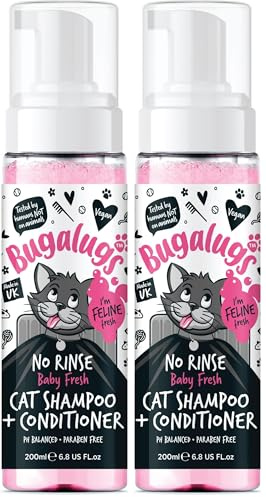 Bugalugs No Rinse Cat Shampoo & Conditioner with Baby Fresh Fragrance. Brush through, for cats and kittens. Foam action grooming dry shampoo kitten (200ml No Rinse Shampoo) (Pack of 2)