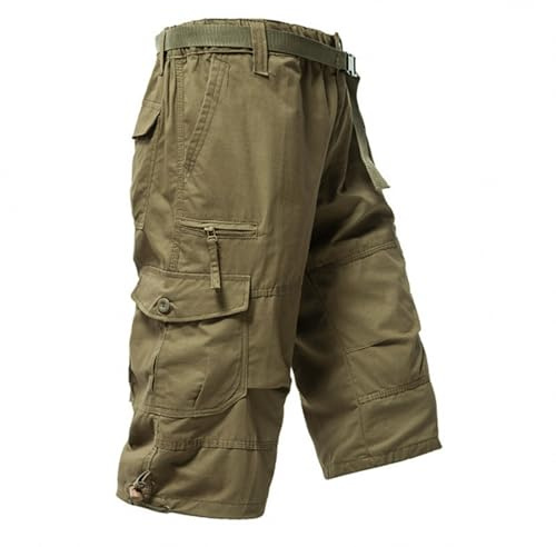 PADOLA Pantaloni Cargo 3/4 Uomo Multitasche Vita Elastica con Cintura Capri Relaxed Fit per Estivo Trekking e Tempo Libero Orlo Regolabile(L,Giallo)
