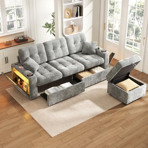 Canapé d'angle multifonction avec port USB-C,canapé 3 places relax,avec porte-gobelets, éclairage LED, compartiments latéraux, 2 tiroirs sur roulettes et pouf de rangement,en chenille (Gris foncé)