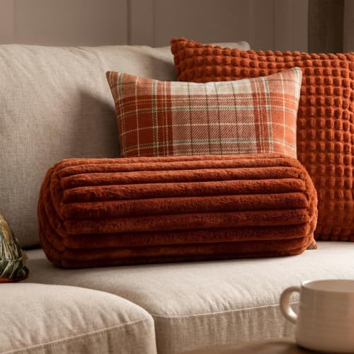 OHS Bolster Cushion Faux Fur Ribbed Cylinder Pillow Yoga Bolster, Rust | Neck Roll Pillows for Sleeping Armrest & Head Support Soft Cosy Bolster Pillow for Bed Sofa