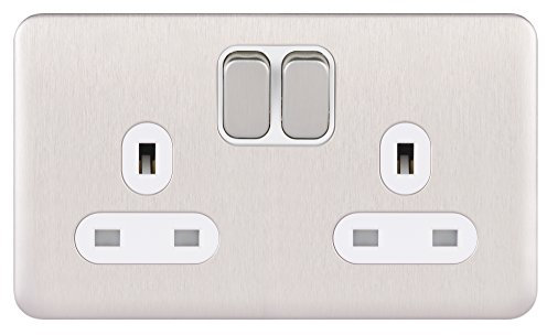 Schneider Electric Lisse Screwless Deco 2G 13A Sw Socket WSS, Stainless Steel/White, 2 Gangs