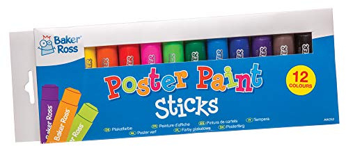 Baker Ross AW252 Poster Paint Sticks-Pack of 12, in Classic Colours for Kids Arts and Crafts, Assorted, 12 Count (Pack of 1)