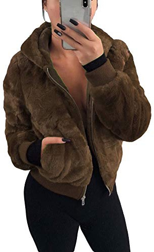 Sweats à Capuche en Fausse Fourrure Femme Manteau Zippés Veste à Manches Longues Hiver Chaud et Moelleux Cardigan Outwear avec Poches