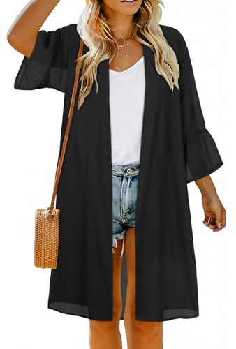 Dam kimonos för sommar puff ärm cardigan ledig lös passform strand täckande resorts badkläder, Svart, 3XL