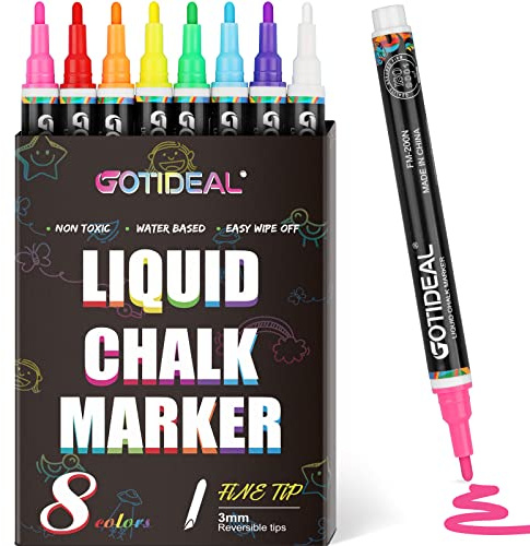 GOTIDEAL Liquid Chalk Markers, Fine Tip 8 Colors Washable Window Chalkboard Glass Pens, Paint and Drawing for Car, Blackboard, & Bistro,Non-Toxic,Wet Erase - Reversible Tip