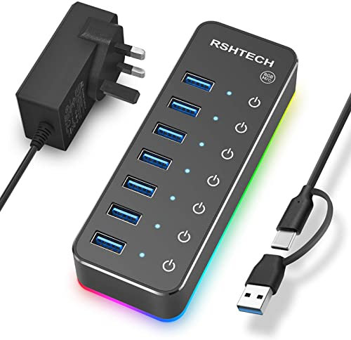 RSHTECH RGB Powered USB Hub, 7-Port USB 3.0 Hub USB-C Splitter with 14 RGB Lighting Modes, 3.3ft USB C/A Cable, 20W Power Adapter and Individual On/Off Switches (RSH-518R)