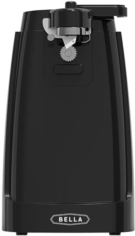 BELLA Elektrischer Dosenöffner und Messerschärfer, multifunktionaler Gläser- und Flaschenöffner mit abnehmbarem Schneidhebel und Kabelaufbewahrung, Edelstahlklinge, Schwarz