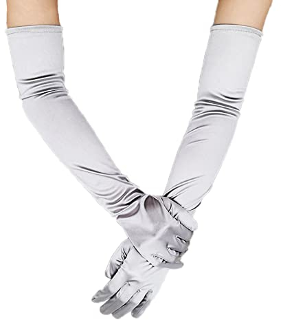 Duories Classic Damen Handschuhe Lange, Elastisch Elegant 1920er Stil Abendhandschuh Satin Handschuhe, Gothic Opera Fest Party Hochzeit Braut Handschuhe für Festlich Faschingskostüme Karneval,Silber