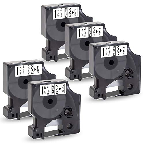 Pristar 5x Kompatibel 45013 S0720530 Etikettenband für D1 Schriftband 12mm x 7m Schwarz auf Weiß für LabelManager 160 210D 280 360D 420P 450 400 LabelWriter 450 Duo LabelPoint 100 250