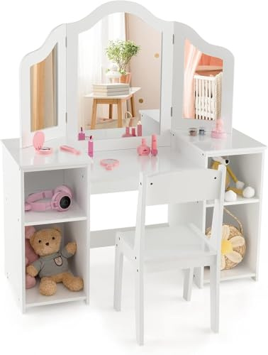 GOPLUS 2 en 1 Tocador Niña con Silla, Tocador Infantil de Princesa con Espejo Extraíble, Mesa de Maquillaje Cosmética de Madera, 4 Cajones de Almacenamiento