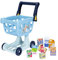 BlueY-Einkaufswagen mit frei beweglichen Rädern und verdrehbarem Griff. Ideale Größe für Kleinkinder, 49 cm groß, mit 8 farbenfrohen Produkten aus Pappe