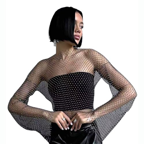 JIAHG Top en Résille à Paillettes Sexy Femme Haut en Maille Visible avec Strass Scintillant Haut de Danse à Manche Longue Tenue de Night Club Bar Blouse à Sequin Plage Voyage