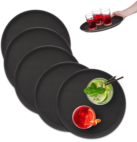 Relaxdays Vassoio Antiscivolo, Set da 5, Rotondo Ø 35 cm, da Portata, per Servizio Ristorante, Bar, Cucina Casa, Nero