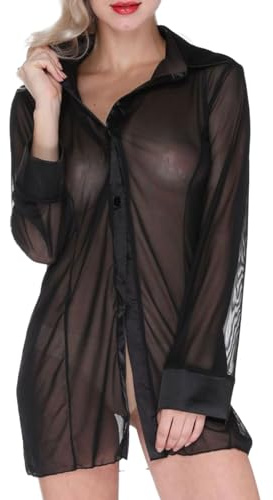 FUIPVGI Camisa Transparente Sexy para Mujer Camisetas Sexy, Blusa Transparente de Manga Larga, Pijama, Camisas Sueltas Transparentes, Camisón, Ropa de Dormir de Manga Larga con Botones (Negro)