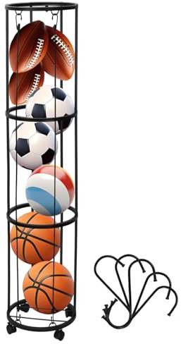 homdat 3 Niveles Soporte Balon Futbol, Estante de Almacenamiento de Pelotas, Soporte de Exhibición Baloncesto Vertical, Soporte Balon Futbol Móvil, Organizador Vertical de Equipos Deportivos