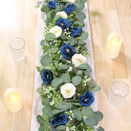 TOCHGREEN 2 Pack 13Ft Artificial Eucalyptus Flower Garland with White and Blue Roses, Fake Rose Flower Greenery Garland Floral Vines for Wedding Home Party Table Runner Decor (Blue White, 2PCS)