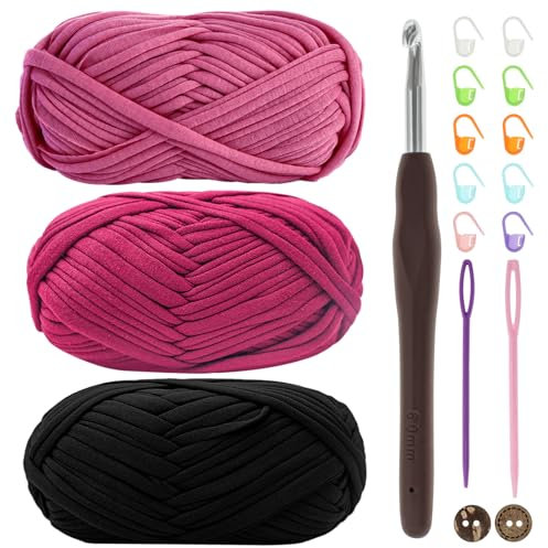 Renyiz Chunky Yarn for Crochet, 3x100g Pink+Red+Black, Polyester, 6mm Crochet Hook, Perfect for Beginners, Gifts, Small Projects, Toys, Scarf, Hat, Shoes, Coasters