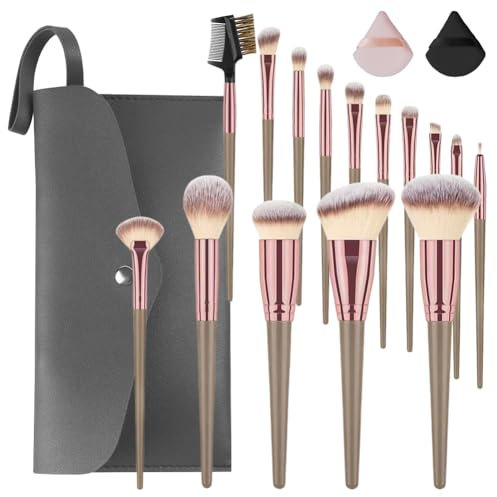 Vicloon Ensemble de pinceaux cosmétiques, 15 Pièces Brun kit de pinceaux cosmétiques, Professionnels Set Pinceaux Synthétiques Fard à Joues En Peluche, Poudre De Brillant à Lèvres