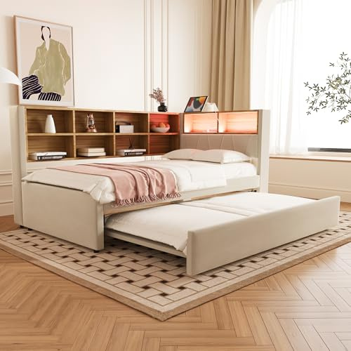 Zravenna Divano letto 90 x 200 cm, letto estraibile 90 x 190 cm, dotato di LED e numerosi scomparti portaoggetti, letto imbottito, divano letto multifunzione, letto singolo, doppio, flanella (beige