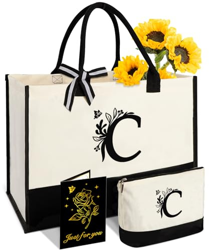 Personalized Gifts for Women - Initial Canvas Tote Bag & Makeup Bag, Custom Bags for Beach, Christmas, Wedding, Birthday, Holiday, Monogram Birthday Gifts for Women, Mom, Wife, Teacher, Friend-C