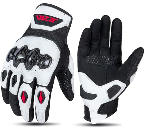 Guanti da moto in pelle per uomo e donna, guanti estivi da motociclista, in rete traspirante, per moto da strada, guscio rigido in fibra di carbonio, touchscreen a due dita (bianco, XXL)