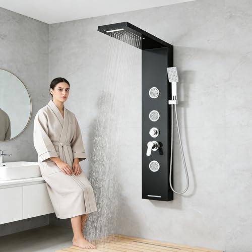 HARNART Système de Panneau de Douche Avec 5 Modes,Tour de Panneau de Douche LED,3 Jets de Massage Corporel Bec de Baignoire Pomme de Douche à Main avec Tuyau 1.5 m,Ensemble de Douche,Noir