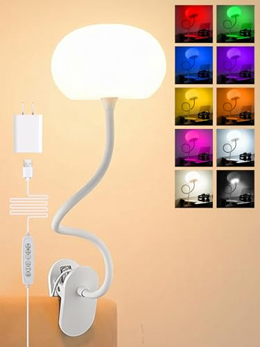 ReinHoo Clip on Light,10 RGB Colors+10 Brightness Clip on Lamp, College Dorm Lighting Reading Light for Bed, Desk Lamp with Clamp & USB Adapter for Headboard/Bedside/Desk/Nursery/Kids Room