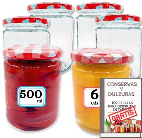 MundoTarros Pack 6 Tarros de Cristal 500 ml con Tapa Hermética de Rosca Metálica de Cuadros, Botes para Conservas, Almacenaje, Encurtidos y Fermentación, Incluye PDF con 102 Recetas y Etiquetas (6)